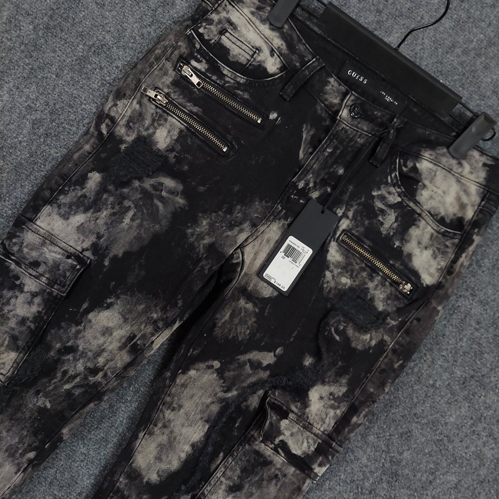 GUESS Pants Mens Fits 30x29 Black Ink Blot Cargo Slim Skinny Ankle Zip - Picture 4 of 11